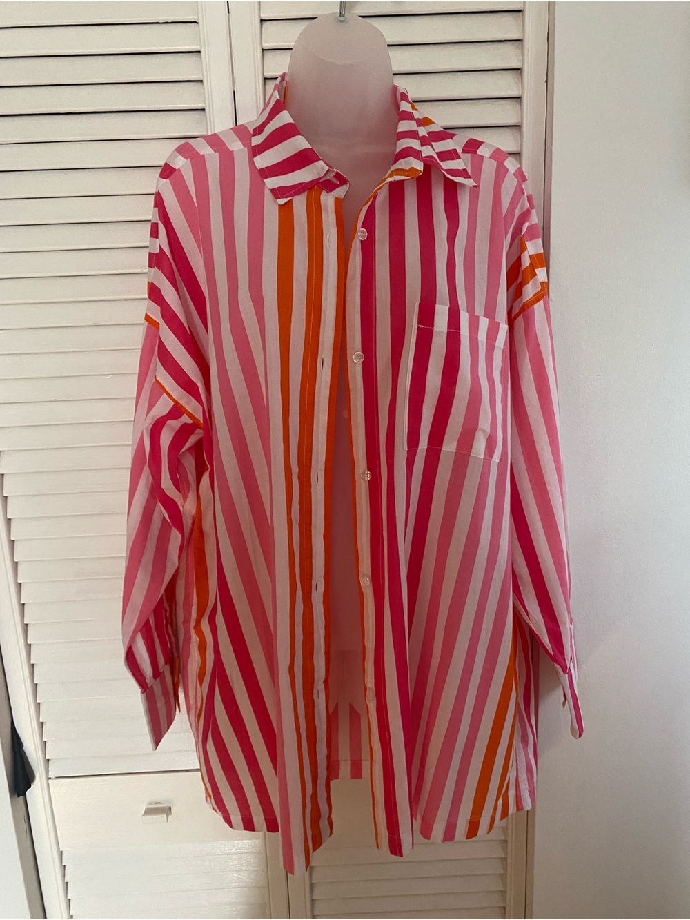 Striped Button-Front Cotton Shirt in Pink & Orange